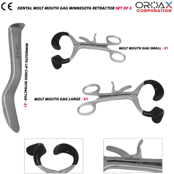 Dental Molt Mouth Gag Minnesota Retractor Set of 3